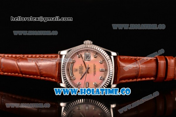 Rolex Day-Date Asia 2813/Swiss ETA 2836/Clone Rolex 3135 Automatic Steel Case with Diamonds Markers and Orange MOP Dial (BP) - Click Image to Close